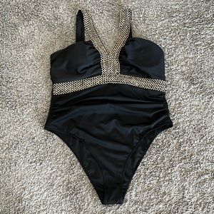 SHEIN Black Halter Swimsuit with Gold Accent